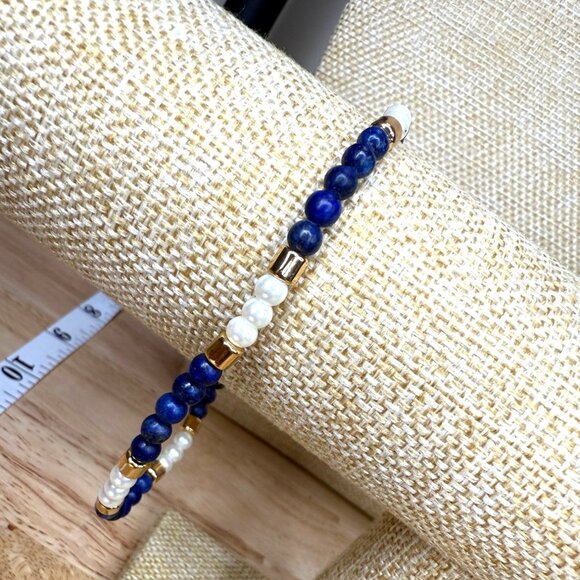 J.Crew Pearl & Lapis Blue Stone Anklet With Gold Accents Adjustable Length - Picture 6 of 11